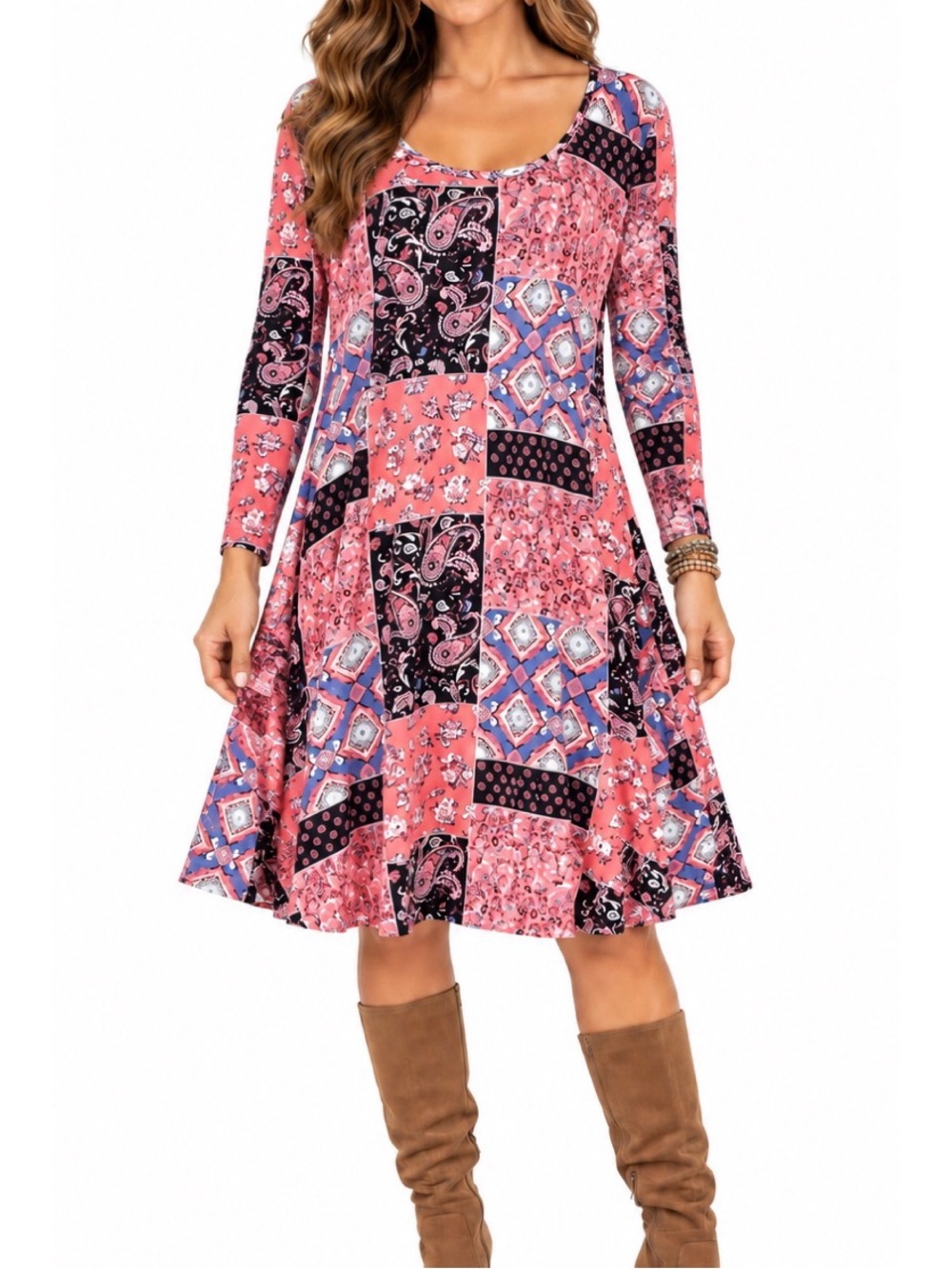 Vanity Coral & Black Paisley Patchwork Dress- XL